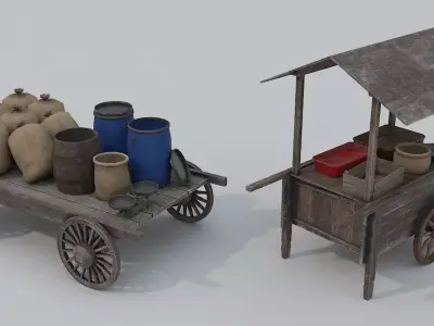 Market carts and props Low-poly 3D model