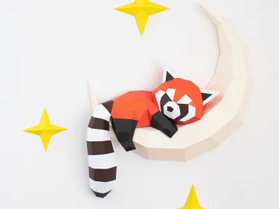 Red panda on the moon PDF template pepakura papercraft origami 3D model