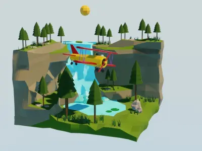 Biplane Diorama 001 Low-poly 3D model