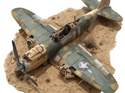 Top-Down Crashed WWII Fighter Plane 3D Model Low-poly 3D model
