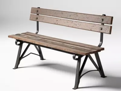 Weathered Wooden Bench with Iron Legs 3D model