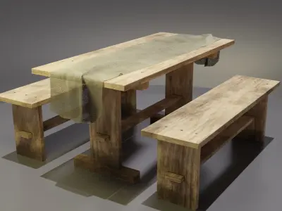 Rustic Wooden Picnic Dining Table Low-poly 3D model