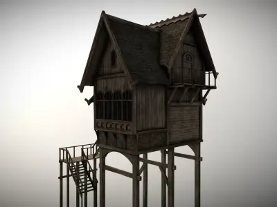 Medieval Lake Village - House 7 with interiors Low-poly 3D model