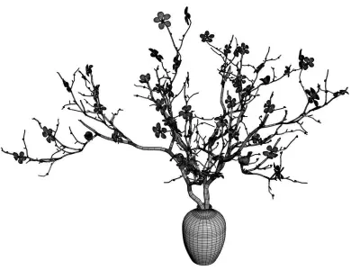 Twig with flowers and a bird in ceramic vase 3D model