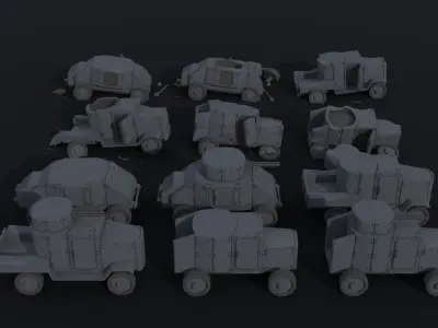 Cartoon Dieselpunk armored cars 3 Polygonal Style Low-poly 3D model