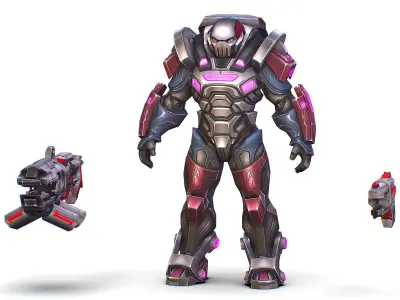 Cartoon Sci-Fi Cyborg Drone Heavy Machine Gunner Low-poly 3D model