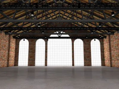 Warehouse 1 room with brick walls and windows 3D model