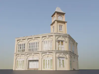 Phuket-Oldtown-1 building with clock tower Low-poly 3D model