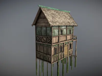 Medieval Lake Village - House 2 with interiors Low-poly 3D model