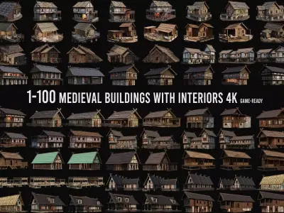 1 - 100 OLD MEDIEVAL HISTORICAL BUILDINGS PACK 4K GameReady Low-poly 3D model