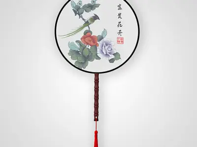 Chinese Traditional Palace Hand Fan - Flower and Bird Painting 3D model