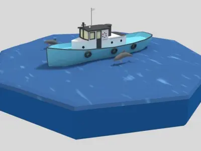Low Poly Cartoon Fishing Boat and Dolphins Low-poly 3D model