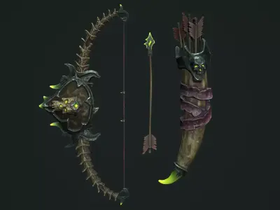 Undead bow and quiver Low-poly 3D model