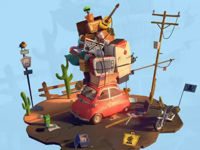 Stylized broken-down car Low-poly 3D model