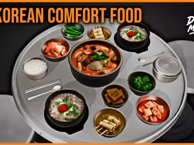 Korean Comfort Food and Tableware Set of 13 Low-poly 3D model