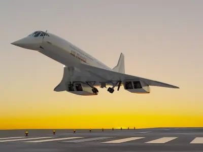 Concorde jet airplane taking off from runway at sunset 3D model