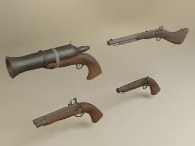 Flintlock pirate guns and shotguns and hand cannons collection Low-poly 3D model