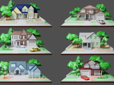 Cartoon private  houses Low-poly 3D model