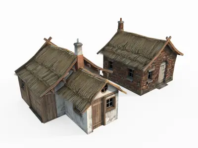 Hand drawn medieval architecture with two thatched cottages 3D model