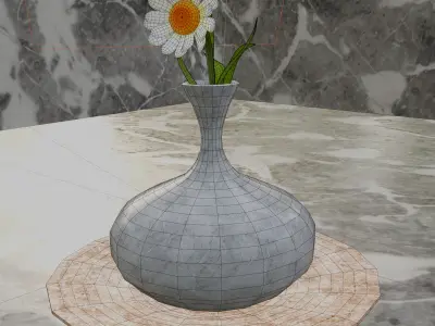 Realistic Marble Flower Vase with Daisy on Stone Plate Free 3D model