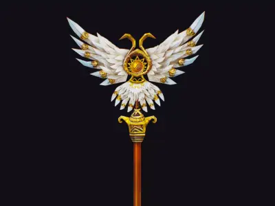 Magical Staff Magic Stick Wand White Bird Wing Props Item Low-poly 3D model