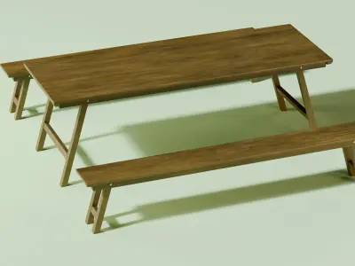 rustic  table  and two benchs 3D model