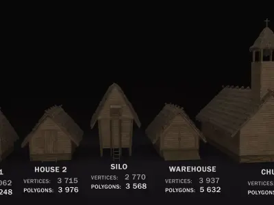 Medieval Village 5 piece Pack 2x House Warehouse Silo Church Low-poly 3D model
