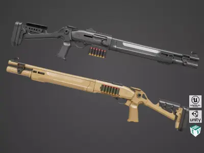 Long Shotgun 04 Black and Sandal Single Mat All PBR Unity UE  Low-poly 3D model