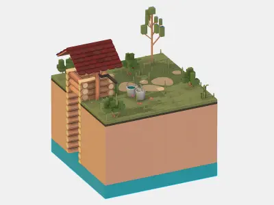 Isometric European Village Well Draw-Well Low-poly 3D model