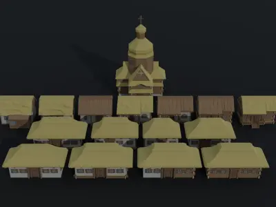 Cartoon medieval Ukraine village Polygonal Style Low-poly 3D model