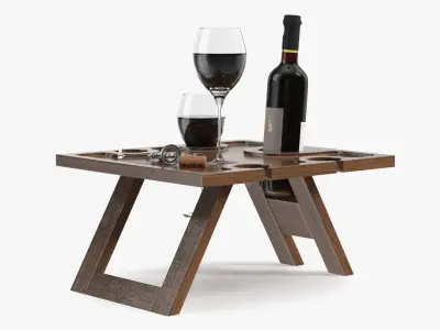 Rustic Wine Table with Corkscrew and Red Wine 3D model