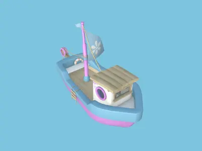 Cartoon Boat 05 - Pink Blue - Low Poly Ship Low-poly 3D model
