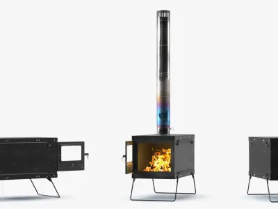 Portable Camping Stove with Live Fire and Tall Pipe Black 3D model