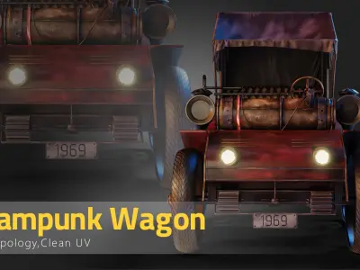 Steampunk Wagon-Game Asset Low-poly 3D model