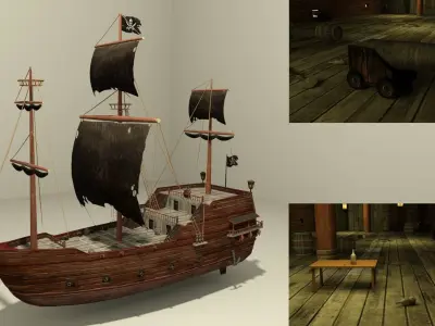 Giant Pirate Ship with interior and props Low-poly 3D model