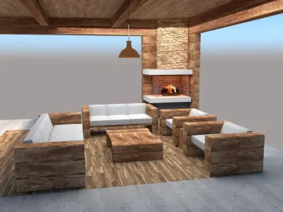 wooden- lodge- furniture -sofa-pavilion Low-poly 3D model
