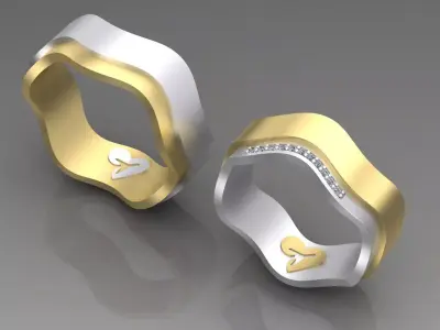 Couple wedding rings with diamonds and planes inside 3D print model