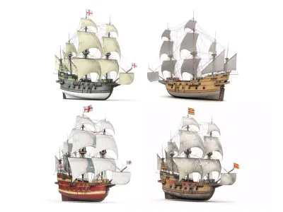 Galleon Ship Collection 4 Colors 3D Model 