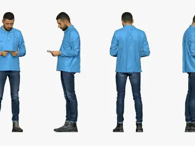 001297 man with beard in blue polo and jeans with money 3D model