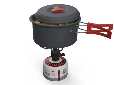 Hiking Soup Pot Red Handle Gas Stove Setup 3D model