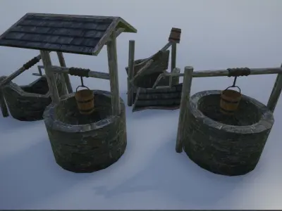 Lowpoly Medieval Wells Low-poly 3D model