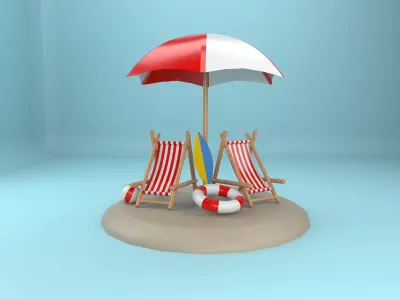 beach chair and umbrella Low-poly 3D model
