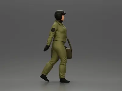 Pilot Woman Walking with Military Helmet Emergency Shoulder Bag 3D print model