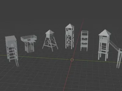 7 wooden towers Low-poly 3D model