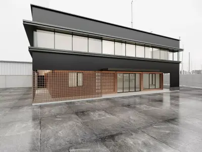 Modern Japandi Cafe Exterior with Wood Lattice Corridor 3D model