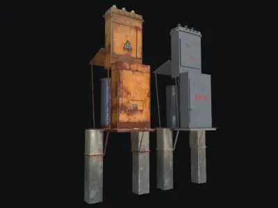 Fuseboxes three rusty metal poles Free low-poly 3D model
