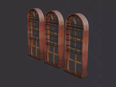 Wooden Arch Window Trio Ornate Frames Low-poly 3D model