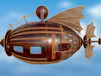 Airship PBR game ready steampunk ship flying in sky Low-poly 3D model