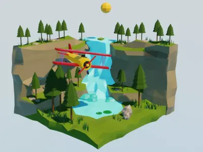 Biplane Diorama 001 Low-poly 3D model