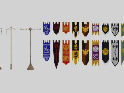 Medieval flags baners and stands Low-poly 3D model